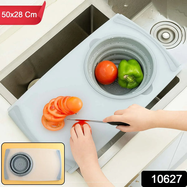 2 in 1 Over - Sink Cutting Board with Built - In Collapsible Strainer (50 x 28 Cm) - justgrabit.in | Just Grab It