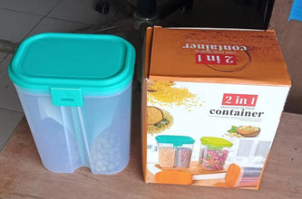 Plastic 2 Sections Air Tight Transparent Food Grain Cereal Storage Container (2 ltr) (With Box) - Justgrabit Inc.
