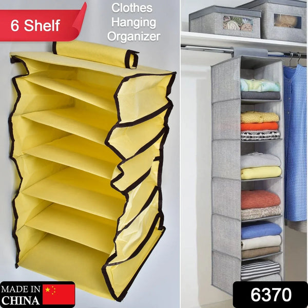 6 Shelf Hanging Closet Organizer, Space Saver, Sweater & Clothing Shelves, Breathable Material Keeps Away Dust & Odors, - justgrabit.in | Just Grab It