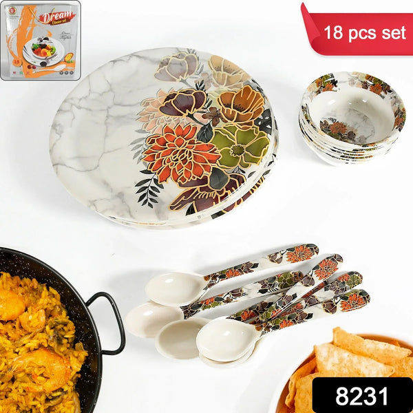 Dream 18 - Piece Plastic Dinner Set – Unique Flower Design, 6 Plates, 6 Bowls & 6 Spoons, Microwave & Dishwasher Safe - Justgrabit Inc.