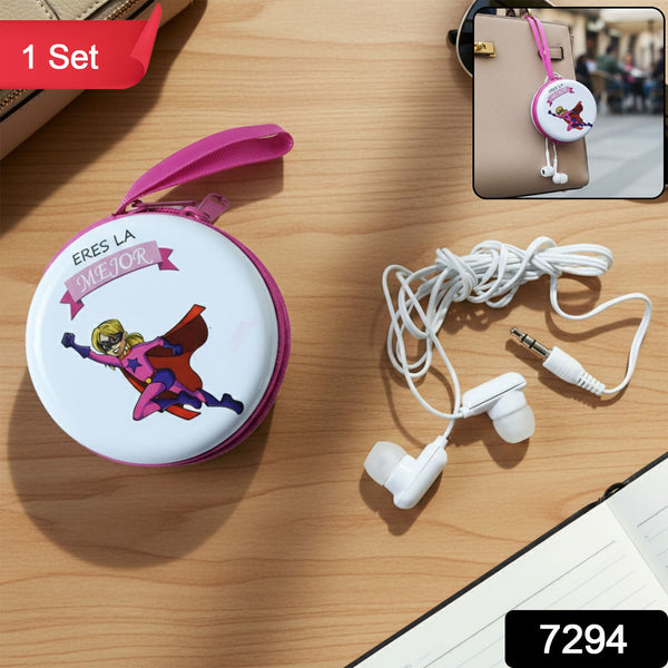 Portable Round Earphone Carry Case with Wired Earphones Set (1 Set) - justgrabit.in | Just Grab It