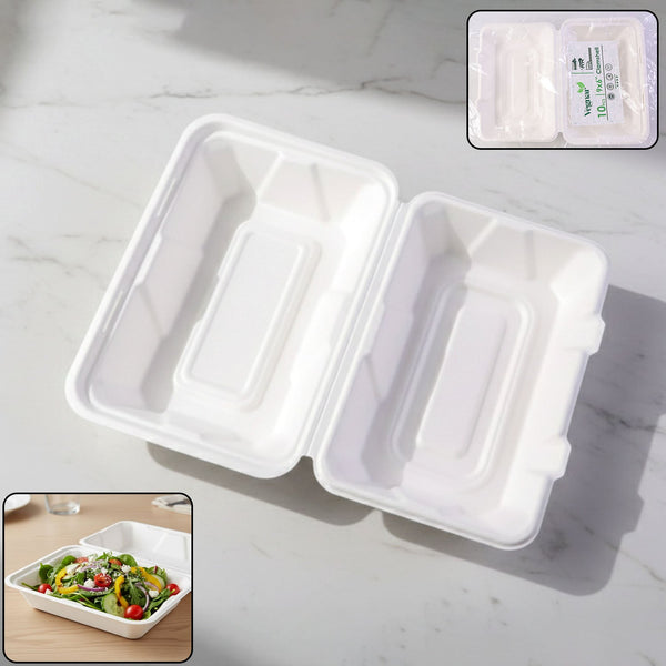Vegnar Premium Bagasse Clamshell Food Box (10 Pc, 9x6 Inch) - justgrabit.in | Just Grab It