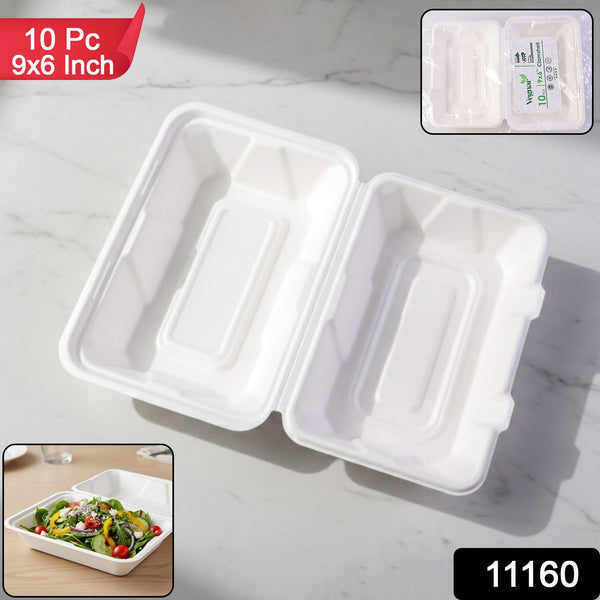 Vegnar Premium Bagasse Clamshell Food Box (10 Pc, 9x6 Inch) - justgrabit.in | Just Grab It