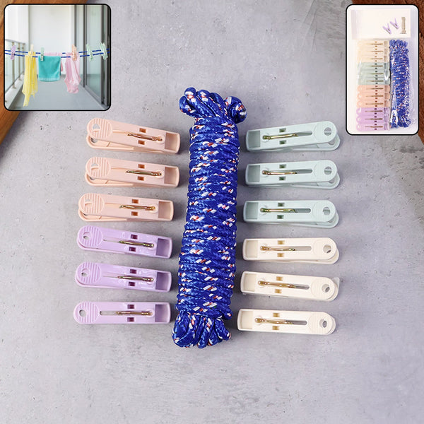 Clothesline Rope 12 Clips – 5 Meter Approx Heavy Duty Laundry Drying Rope with Clip - justgrabit.in | Just Grab It