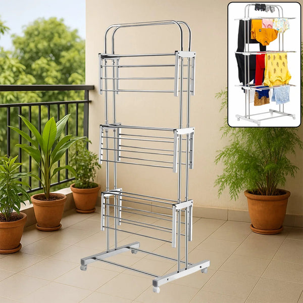3 Layer Foldable Stainless Steel Cloth Drying Stand with Wheels - justgrabit.in | Just Grab It
