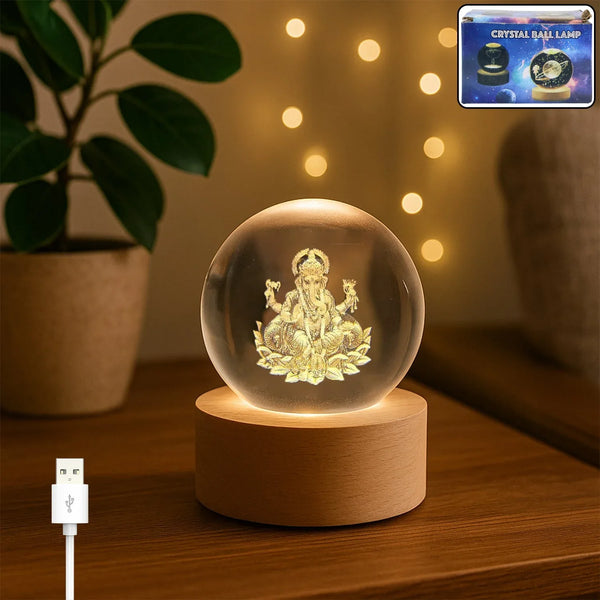 Ganpati 3D Crystal Ball lamps With Wood Base - justgrabit.in | Just Grab It