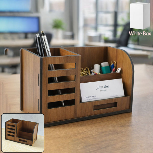 Premium Wooden Desk Organizer with Phone Stand, Pen Holder, Card Holder (1 Pc) - justgrabit.in | Just Grab It