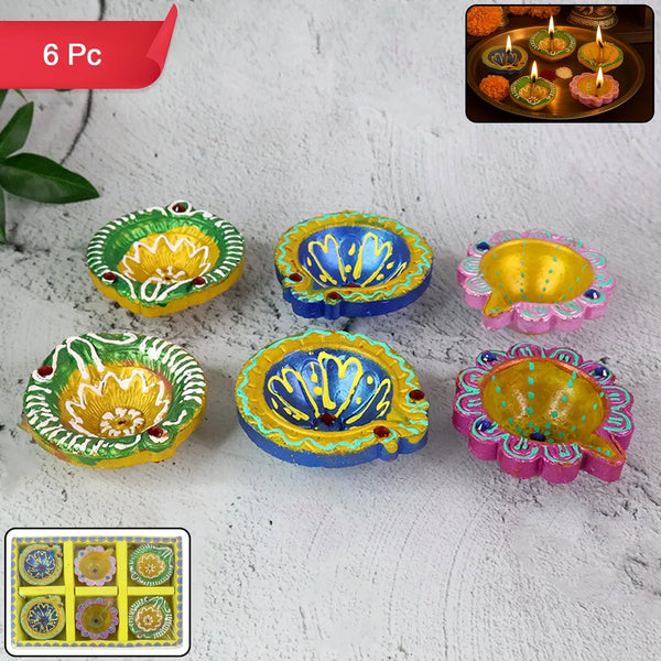 Decorative Hand - Painted Clay Diya Set (6 Pc) - justgrabit.in | Just Grab It