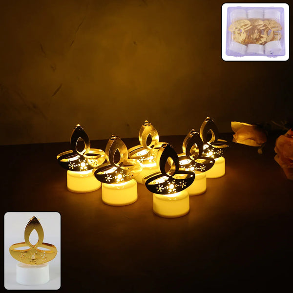Golden Diya Shaped LED Tealight Candles (6 Pc) - Justgrabit Inc.