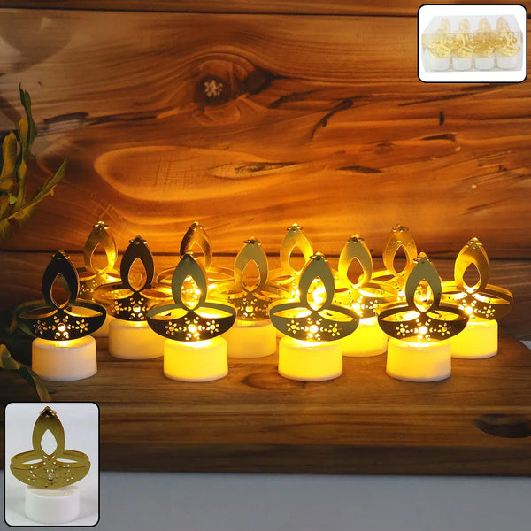 Golden Diya Shaped LED Tealight Candles (12 Pc) - justgrabit.in | Just Grab It