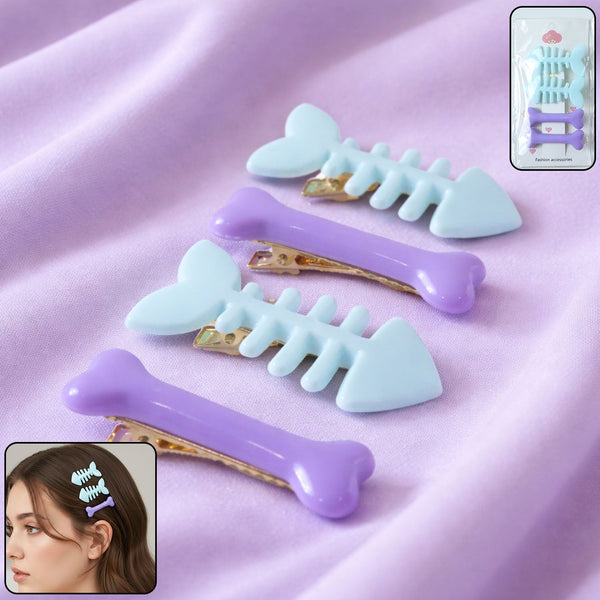 Cute Fishbone & Bone Shape Hair Clip Set (4 Pc) - justgrabit.in | Just Grab It
