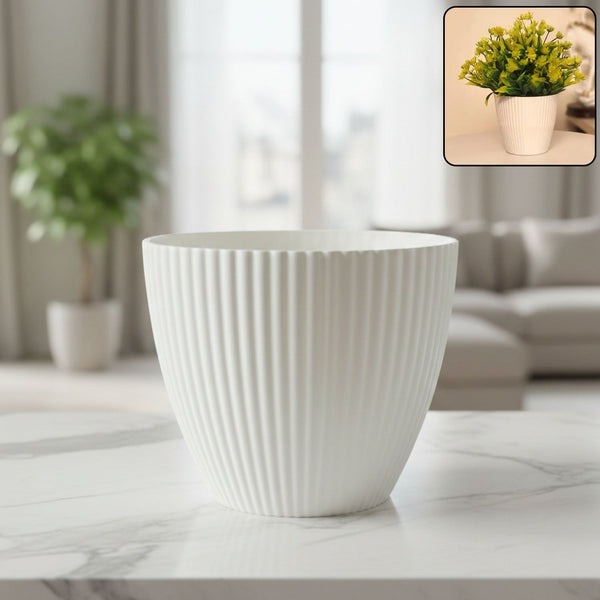 Premium White Ribbed Decorative Flower Pot (1 Pc) - justgrabit.in | Just Grab It