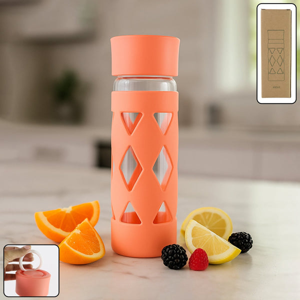 Glass Water Bottle with Protective Sleeve - (1 Pc / 480 ML) - justgrabit.in | Just Grab It