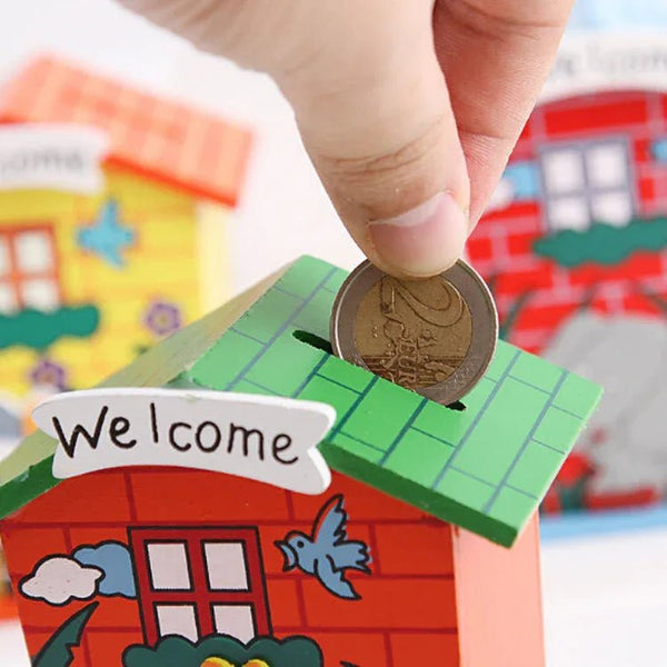 Cute Cartoon House Shaped Lovely Wooden Piggy Bank Money Bank - Justgrabit Inc.