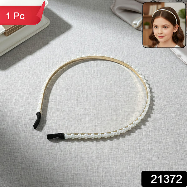 Elegant Pearl Beaded Slim Golden Metal Hair Band (1 Pc) - justgrabit.in | Just Grab It
