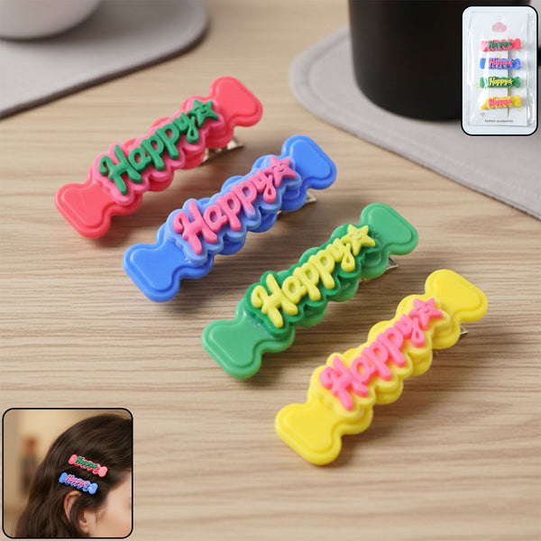 Cute “Happy” Bone - Shaped Snap Hair Clips Set (4 Pc) - justgrabit.in | Just Grab It