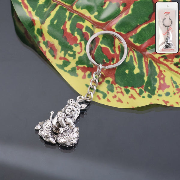 Premium Silver - Finish Metal Bal Krishna Eating Makhan Keychain (1 Pc) - justgrabit.in | Just Grab It