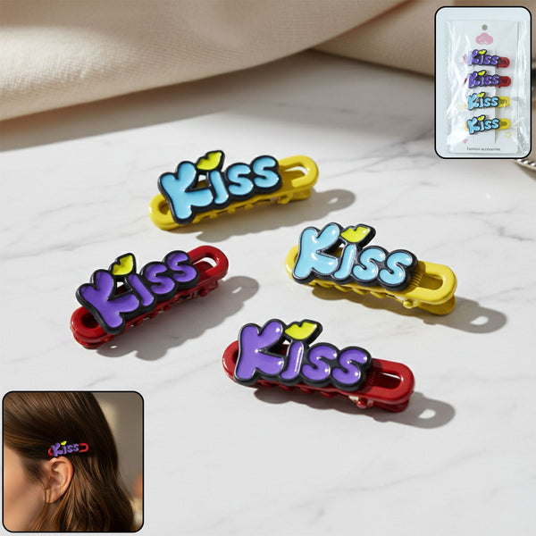 Decorative “Kiss” Text Hair Clip Set (4 Pc) - justgrabit.in | Just Grab It