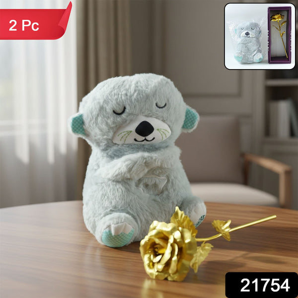 Teddy Bear with Artificial Golden Rose Flower Gift Set (2 Pc) - justgrabit.in | Just Grab It