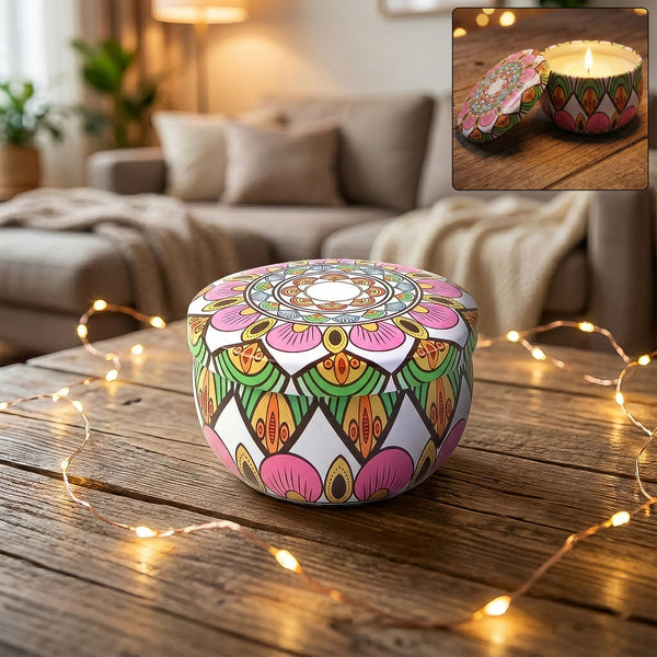 Premium Decorative Mandala Printed Metal Candle Container (1 Pc) - justgrabit.in | Just Grab It