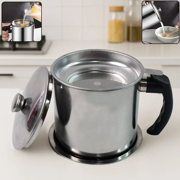 Stainless Steel Oil Strainer Pot with Lid and Filter Mesh (1 Set) - Justgrabit Inc.
