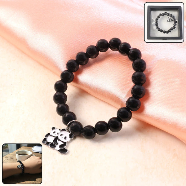 Premium Black Beaded Stretch Bracelet with Cute Panda Charm (1 Pc) - justgrabit.in | Just Grab It