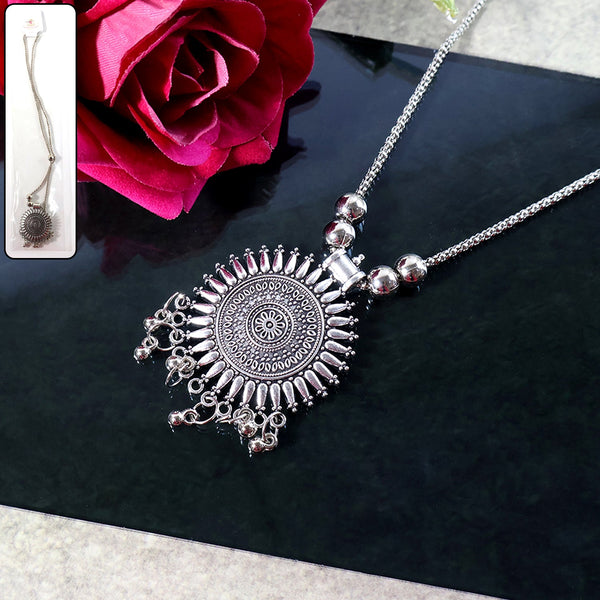 Oxidised Silver Traditional Long Necklace (1 Pc) - justgrabit.in | Just Grab It