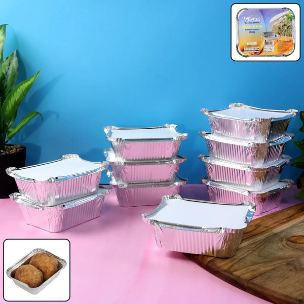 Freshee Aluminium Food Container with Lid — 450 ml — 10 Pc - justgrabit.in | Just Grab It