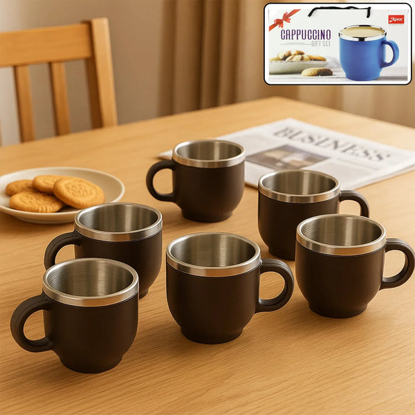 Apex Premium Double Wall Stainless Steel Cappuccino Mug Gift Set (6 Pc / 100 ML) - justgrabit.in | Just Grab It