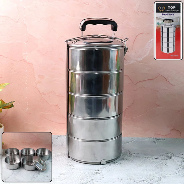 5 Compartment Lunch Box (Stainless Steel): Round Tiffin, Leakproof (16x5") - Justgrabit Inc.