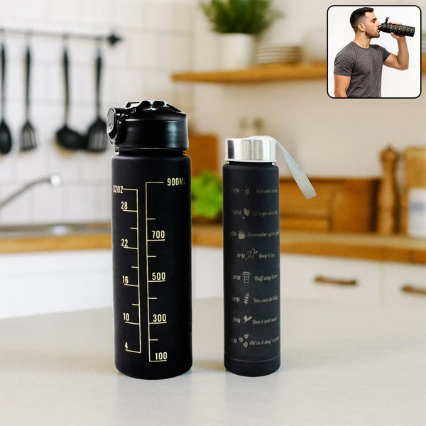 2 Pc Premium Black Motivational Water Bottle Set (900 ML + 300 ML) - justgrabit.in | Just Grab It