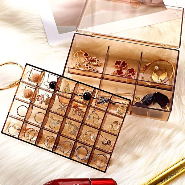2 layer Acrylic Jewelry Storage Box Dustproof Earring Box, Storage Box Portable Nail Art Storage Case, 24 - Grid Small and 6 - Grid Big case Makeup Vanity Box (1 Pc / 30 Compartment) - Justgrabit Inc.