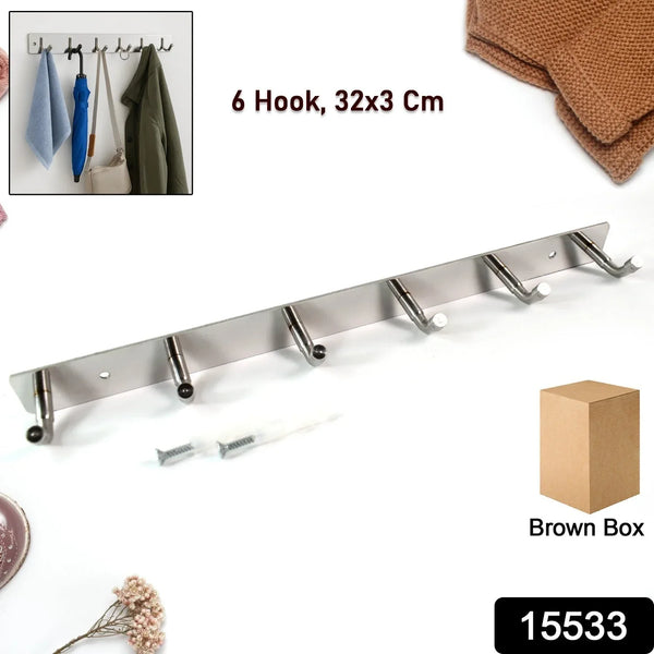 Stainless Steel Wall Mounted Coat 6 Hook Rack (32x3 / 1Pc) - Justgrabit Inc.