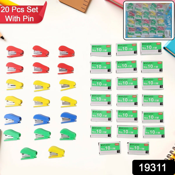 Mini Stapler Set Staples – Assorted Colors | No.10 Staplers with Pins (20 pcs Set) - justgrabit.in | Just Grab It