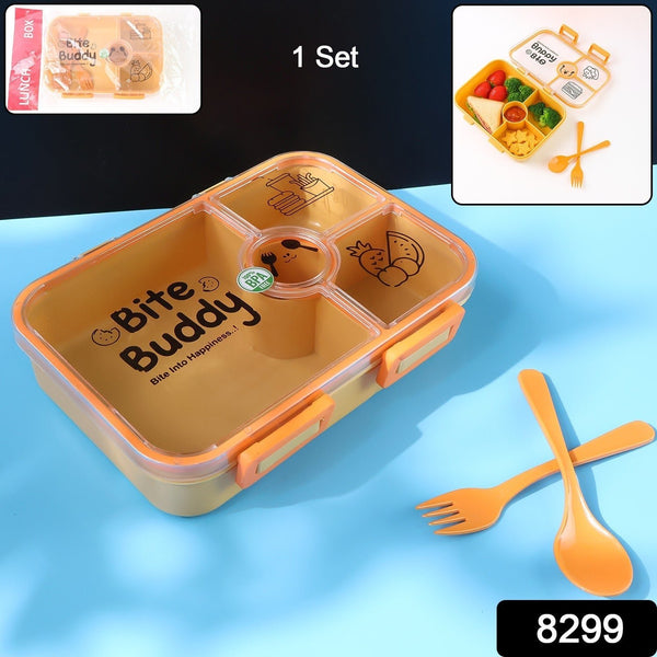 Bite Buddy 4 - Compartment Leak - Resistant Plastic Lunch Box with Spoon & Fork - justgrabit.in | Just Grab It