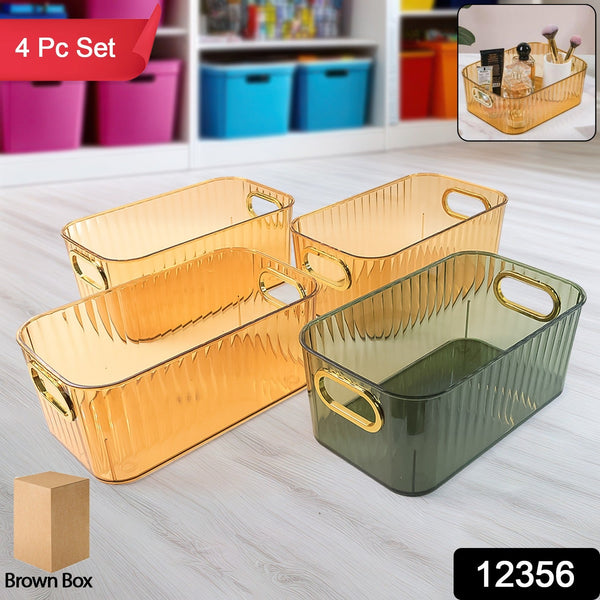 Premium Ribbed Transparent Storage Basket with Gold Handle 25×14 cm 4 Pc - justgrabit.in | Just Grab It
