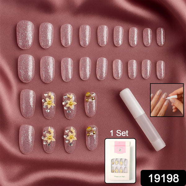 Glitter 3D Floral Press - On Artificial Nail Tips with Nail Glue fake nails (1 Set) - justgrabit.in | Just Grab It