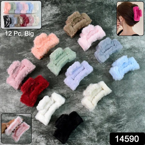 Big - Size Soft Faux Fur Hair Claw Clips (12 Pc) - Justgrabit Inc.