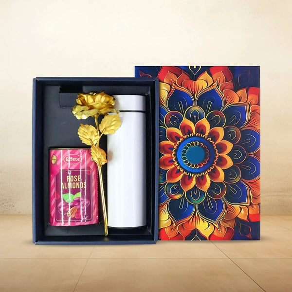 Effete Rose Almonds Gift Hamper, Golden Rose With Bottle (3 Pc Set), Mix Color - justgrabit.in | Just Grab It