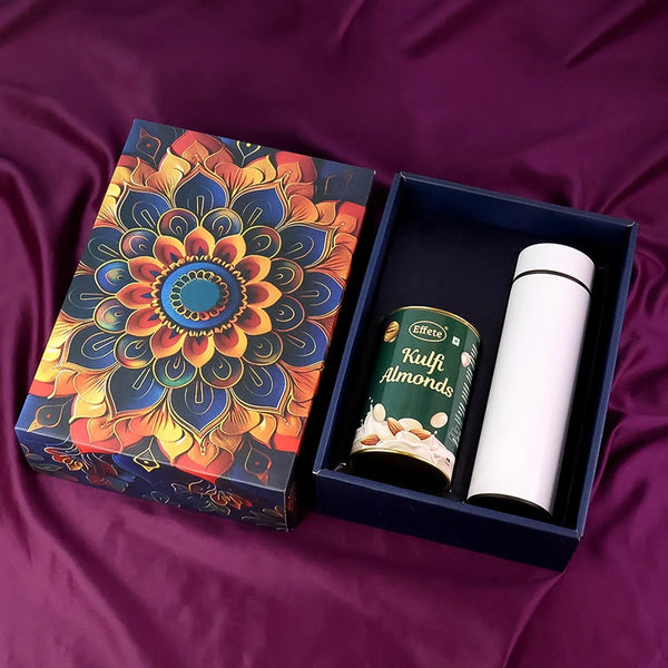 Effete Kulfi Almonds Gift Hamper, Golden With Bottle (2 Pc Set), Mix Color - justgrabit.in | Just Grab It