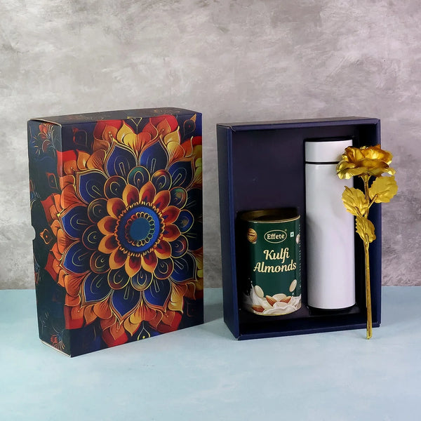 Effete Kulfi Almonds Gift Hamper, Golden Rose With Bottle (3 Pc Set), Mix Color - justgrabit.in | Just Grab It