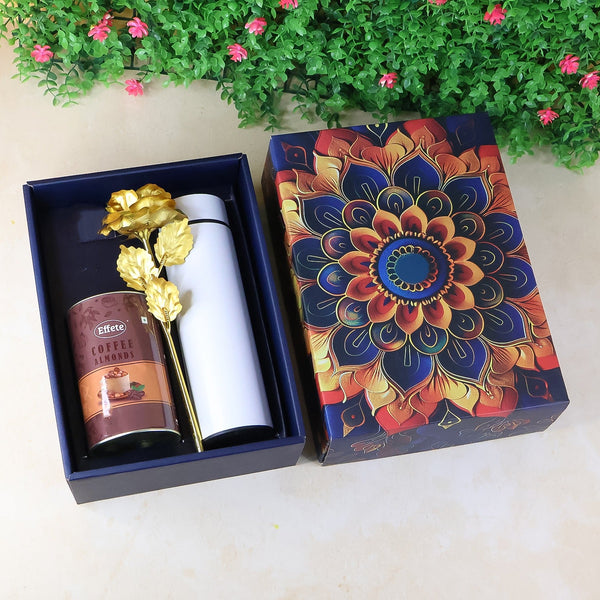 Effete Coffee Almonds Gift Hamper, Golden Rose With Bottle (3 Pc Set), Mix Color - justgrabit.in | Just Grab It