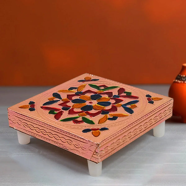 1 Pc Meenakari Wooden Chowki & Bajot Set: For Home & Office Puja (Multicolor) - Justgrabit Inc.