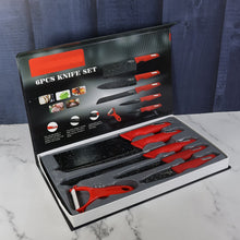 Kitchen Knife Set with Marble - Coated Blades & Red Handles (6 Pc) - justgrabit.in | Just Grab It