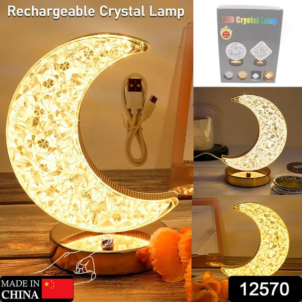 Crystal Table Lamp | Moon Shape Touch Control Lamp with 3 Color | Metal Bedside Lamp for Kids Bedroom Romantic Desktop Nightstand | Stepless Dimming USB Charging Touch Night Light - Justgrabit Inc.