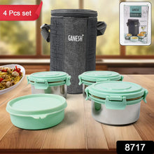 Ganesh 4In1 Tiffin Box - Lunch Box | 3 Stainless Steel Containers 300 Ml Approx & Plastic Salad Container 200 Ml Approx| Plastic lid Box | Round Zip Bag | Leak Proof | Microwave Safe for Office, College and School for Men, Women  - Justgrabit Inc.
