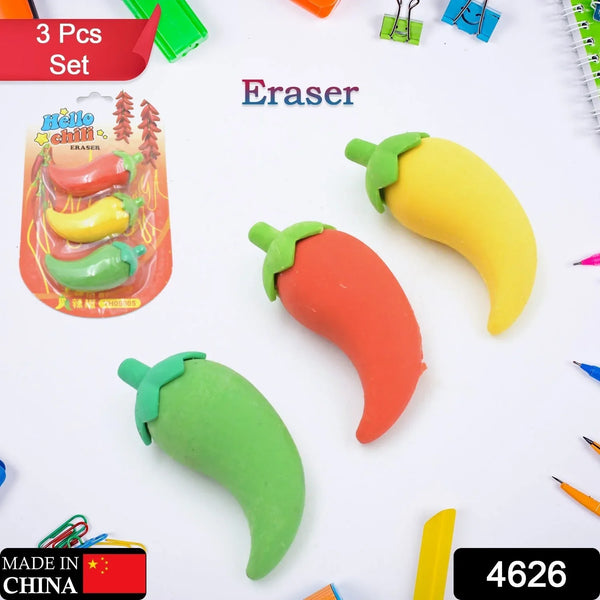 3D Fancy Colorful Chili Shape Erasers – Mini Novelty Eraser Set (3 Pc) - Justgrabit Inc.