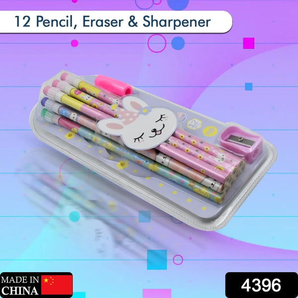 Cute Rabbit Bear Drawing Graphite Writing Pencil Set with Pencil Sharpener & Eraser, Pencil and Eraser Set with Eraser for Kids, for Girls, Fancy School Stationary, Birthday Party Return Gift (14 Pc Set) - justgrabit.in | Just Grab It