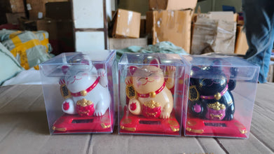Solar Powered Happy Cat Beautiful with Arm Waves Wealth Cat (1 Pc / Mix Color) - justgrabit.in | Just Grab It