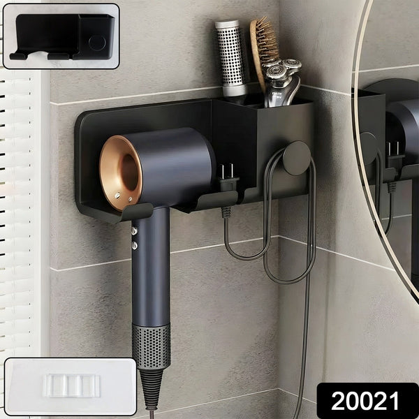 Wall Mounted Hair Dryer Holder with Multipurpose Organizer Shelf and Hook - justgrabit.in | Just Grab It
